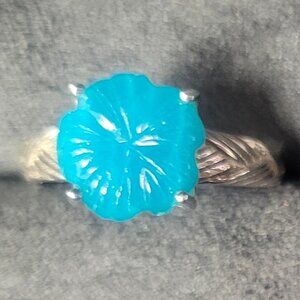 Carved Blue Amazonite Sterling Silver Ring Size 7.5